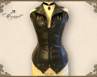 Black Leather Corset Vest, Zip Front Gothic Overbust, Vampire Alternative Top, Custom Plus Size