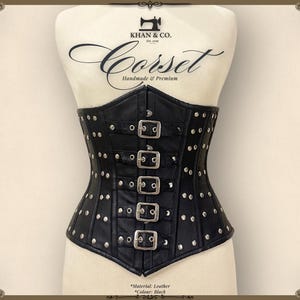 Midnight Onyx Black Buckle Corset | Faux Leather Waist Cincher | Underbust Corset with Studs | Steel Boned Corset Top | Plus Size Custom Fit