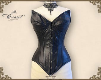 Black Leather Overbust Corset: Steel Boned Gothic Waist Trainer