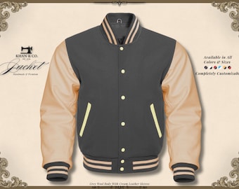 Grey Varsity Jacket With Cream Leather Sleeves, Minimalist Letterman, Neutral College Coat, Unisex Jacket