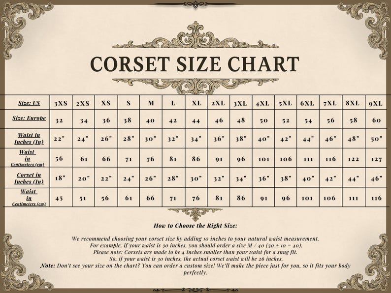 May include: A corset size chart with measurements in inches and centimeters. The chart includes sizes from 3XS to 9XL, with corresponding waist and corset measurements. The text also provides instructions on how to choose the right size.