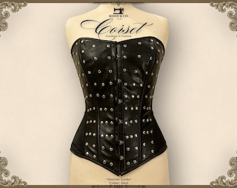 Black Studded Leather Overbust Corset, Gothic Steel Boned Bustier, Alternative Weddings, Punk Fashion Cosplay - Plus sizes available 3XS-9XL