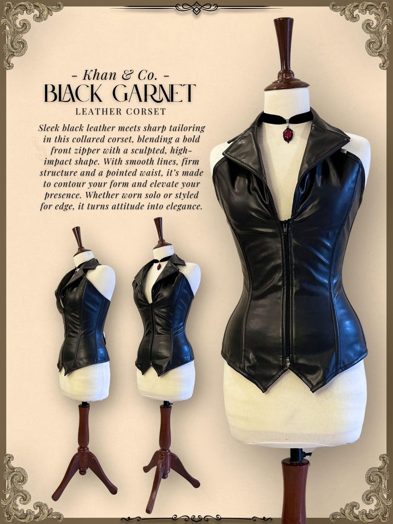 May include: Black leather corset with a collared design, front zipper, and pointed waist. The corset is displayed on a mannequin with a black choker and a red pendant. The text on the image reads "BLACK GARNET LEATHER CORSET".