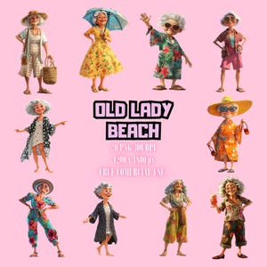20 Funny Old Ladies in the Summer Clipart, Best Friends, cartoon old lady,High-Quality JPGs, Printable Watercolor, Paper craft, Junk Journal