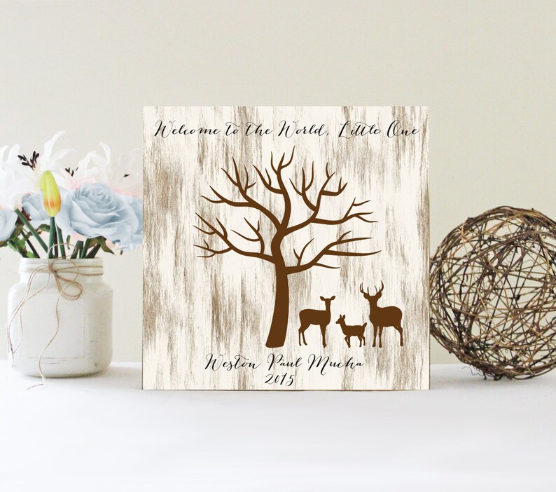 Baby Shower Fingerprint Tree Sign Guest Book Alternative Welcome To The World Little One Nature Themed Shower Deer Fingerprint Tree