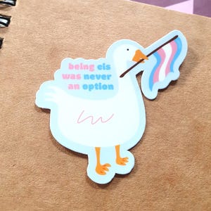 Könnte beinhalten: Ein Aufkleber mit einer Cartoon-Gans, die eine Flagge in den Farben der Transgender-Pride hält. Der Aufkleber trägt den Text "being cis was never an option". Der Aufkleber befindet sich auf einem braunen Notizbuch.