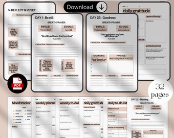 May include: A Christian Advent Journal for ADHD & Anxiety, with prompts for reflection, gratitude, and daily focus. Features 32 pages with sections for mood tracking, weekly planning, and to-do lists. Includes the text "Download" and "PDF".