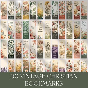 Könnte beinhalten: Eine Sammlung von 50 Vintage-Christian-Lesezeichen mit floralen und botanischen Designs. Jedes Lesezeichen enthält inspirierende Zitate und Phrasen. Die rechteckigen Lesezeichen variieren in der Farbe und zeigen eine Vielzahl von Blumen und Blättern. Der Text "50 VINTAGE CHRISTIAN BOOKMARKS" steht unten.
