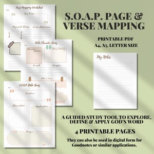 May include: A collection of printable PDF pages for Bible study, including verse mapping, character study, and SOAP Bible study templates. The pages are designed for A4, A5, and letter sizes, with a guided study tool to explore, define, and apply God's word.
