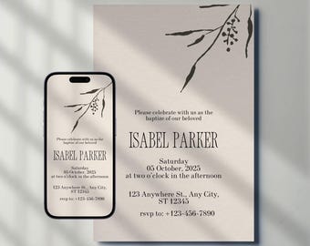 Minimalist Beige Baptism Invitation Template: Editable Canva Invite (Digital Download)