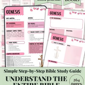 Può includere: Una guida digitale allo studio della Bibbia con accenti rosa. La guida include pagine con il titolo "Genesi", termini chiave e suddivisioni dei capitoli. La copertina recita "Comprendere l'intera Bibbia" e "Bonus Diario Biblico Completo".