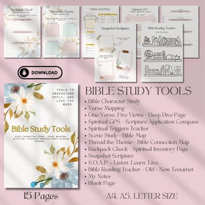 K&ouml;nnte beinhalten: Ein druckbarer Satz von 15 Bibelstudien-Tools, darunter eine Bibel-Charakterstudie, eine Verskarte, ein Vers, f&uuml;nf Ansichten, spirituelles GPS, ein Tracker f&uuml;r spirituelle Ausl&ouml;ser, eine Szenenstudie, eine Bibelkarte, ein Faden durch das Thema, eine Rucksackkontrolle, eine Momentaufnahme der Schrift, SOAP, ein Bibel-Lesetracker, meine Notizen und eine leere Seite. Die Tools sollen Menschen helfen, das Wort zu verstehen, anzuwenden und zu leben.
