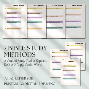May include: A collection of printable Bible study method worksheets. The worksheets are designed to guide users through various study techniques, including VERSE, LIGHT, GROW, and HEAR methods. The text on the worksheets is in black, with colorful accents. The size is A4, A5, and Letter size.