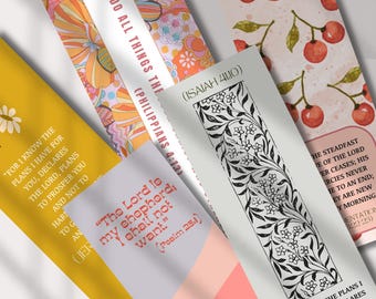 May include: A selection of patterned bookmarks with religious quotes. The bookmarks feature floral and cherry designs, with text from the Bible. The colour scheme includes yellow, pink, and orange, with measurements in cm.