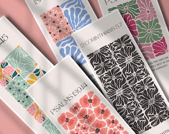 May include: A selection of floral bookmarks with different designs and Bible verses. The bookmarks display colourful flower illustrations in pink, blue, green, and black. Verses include Isaiah 60:22, Psalms 91:1, 2 Corinthians 5:7, and Psalms 139:14.