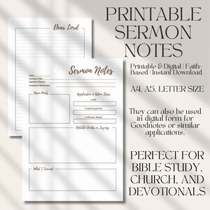 Könnte beinhalten: Druckbare Predigtnotizen mit Platz für Bibelstellen, Hauptpunkte und Handlungsschritte. Das Design enthält den Text "Printable Sermon Notes" und "Perfect for Bible Study, Church, and Devotionals."