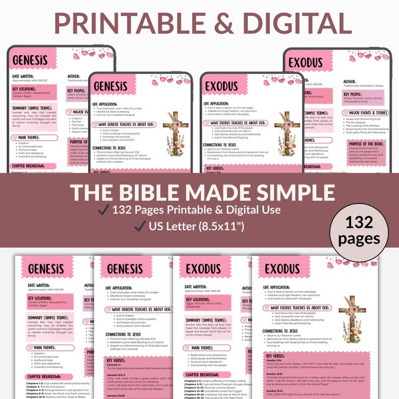 Entire Bible summary printable for women and teens easy Bible study guide pink floral design
