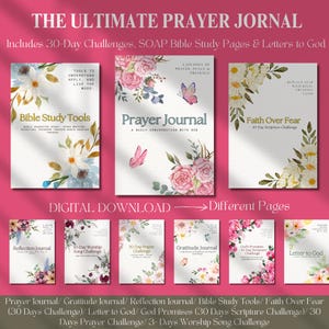 Diario de oración imprimible + Diario de estudio bíblico / Páginas de gratitud, Promesas de Dios, Mapa de versículos, Cartas a Dios, Guía de estudio bíblico + Herramientas