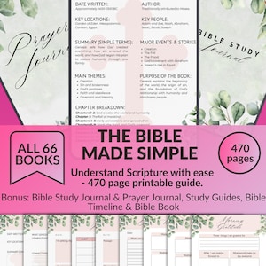 Könnte beinhalten: Ein rosa-weißes Bibelstudienheft mit dem Titel "The Bible Made Simple". Der Leitfaden enthält Informationen über Genesis, wichtige Orte und wichtige Ereignisse. Es enthält auch ein Gebetstagebuch und Studienführer.