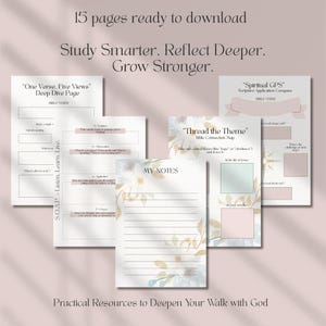 K&ouml;nnte beinhalten: Ein druckbarer digitaler Download von 15 Seiten mit Bibelstudienressourcen. Die Seiten zeigen Aquarell-Blumenmuster und beinhalten Titel wie "Ein Vers, f&uuml;nf Perspektiven", "Spirituelles GPS" und "Das Thema durchziehen".