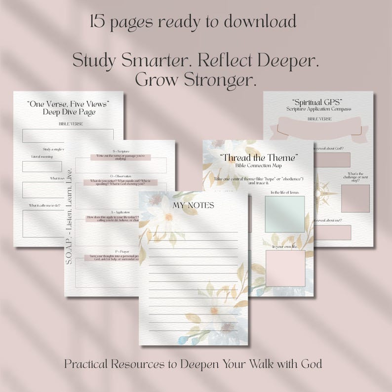K&ouml;nnte beinhalten: Ein druckbarer digitaler Download von 15 Seiten mit Bibelstudienressourcen. Die Seiten zeigen Aquarell-Blumenmuster und beinhalten Titel wie "Ein Vers, f&uuml;nf Perspektiven", "Spirituelles GPS" und "Das Thema durchziehen".