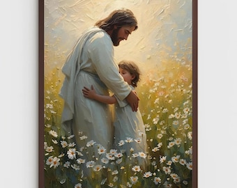 Jesús abrazando a una niña / Póster de Jesús / Pintura cristiana / Arte SUD imprimible / Jesús con niños / Regalo cristiano
