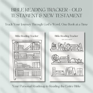 K&ouml;nnte beinhalten: Schwarz-wei&szlig;er druckbarer Bibellesetracker mit einem B&uuml;cherregal-Design. Der Tracker ist in zwei Abschnitte unterteilt: Altes Testament und Neues Testament. Jeder Abschnitt listet die B&uuml;cher der Bibel in der Reihenfolge auf.