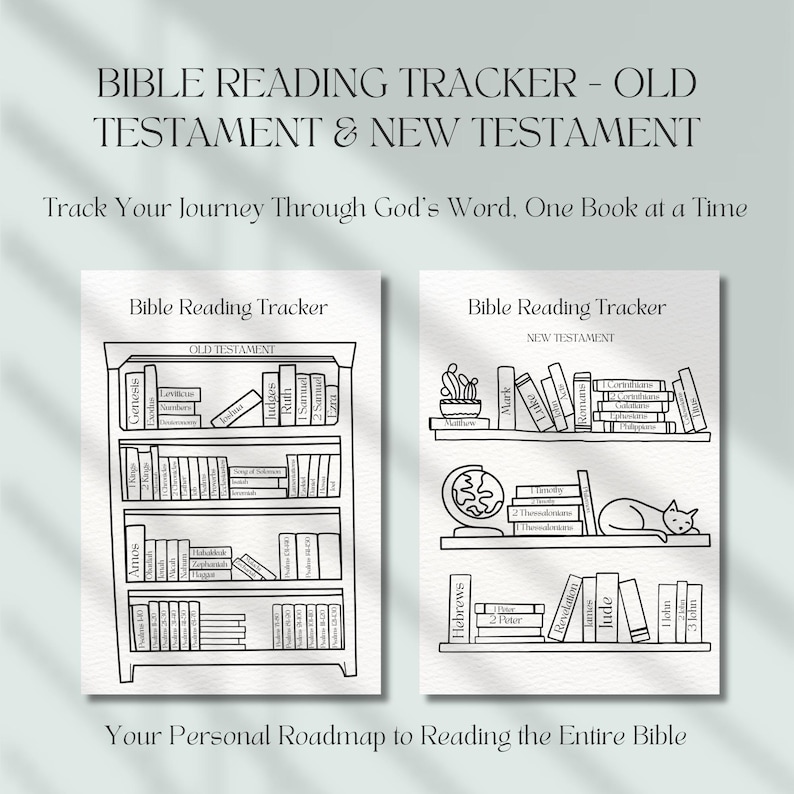 K&ouml;nnte beinhalten: Schwarz-wei&szlig;er druckbarer Bibellesetracker mit einem B&uuml;cherregal-Design. Der Tracker ist in zwei Abschnitte unterteilt: Altes Testament und Neues Testament. Jeder Abschnitt listet die B&uuml;cher der Bibel in der Reihenfolge auf.