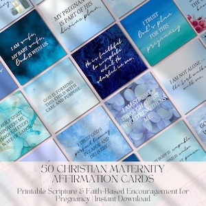 Puede incluir: Un conjunto de 50 tarjetas de afirmación de maternidad cristianas con citas inspiradoras. Las tarjetas presentan un diseño de acuarela en tonos azules y blancos. El texto de las tarjetas incluye frases como "Estoy a salvo" y "Dios está con nosotros".