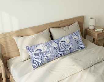 Cali Coastal Blue Wave Sketch Body Pillow | Boho Beach House Decor