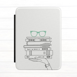 Book Stack with Teal Glasses Kindle Case | Line Drawing Hand-Held