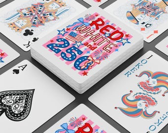 Baraja de cartas de póker Preppy roja y blanca de 250 cartas con fondo de rayas rosas.