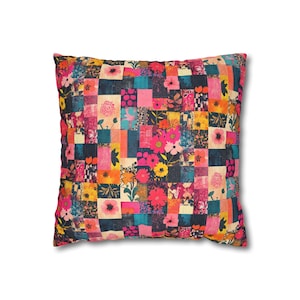 Colorful Floral Patchwork Pillowcase Faux Suede Square Pillowcase