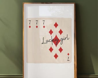777 Lucky Girl 7 of Diamonds Rolled Posters | Vintage Casino Card Print