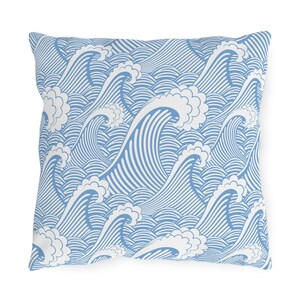 Japanese Wave Pattern Outdoor Pillows, Light Blue Coastal Surf Beach House