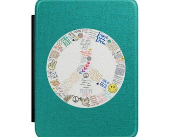 Funda para Kindle con collage del símbolo de la paz / Frases positivas, iconos de garabatos