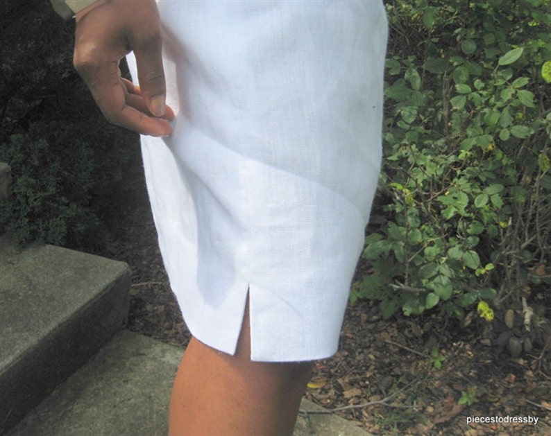Cap Sleeves Bateau Neckline With Slit All White Knee Length Below Knee Linen Dress White Dress Evening Daytime