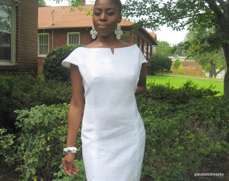 Cap Sleeves Bateau Neckline With Slit All White Knee Length Below Knee Linen Dress White Dress Evening Daytime