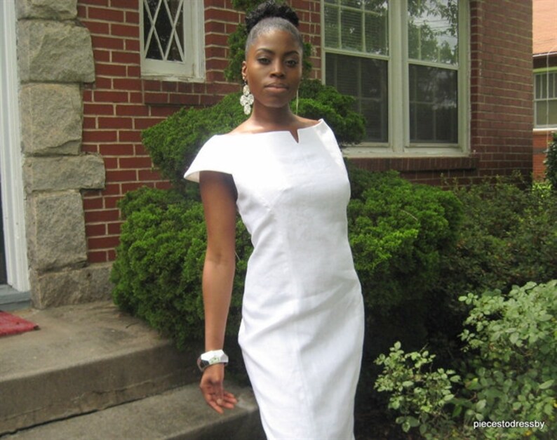 Cap Sleeves Bateau Neckline With Slit All White Knee Length Below Knee Linen Dress White Dress Evening Daytime