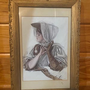 306- Vintage Framed Harrison Fisher Art Print – Edwardian Lady Illustration