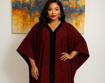 Ankara Kaftan Maxi Dress | Red & Black Geometric Print African Gown