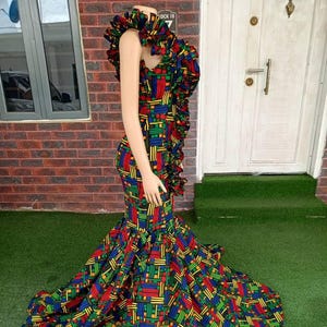 Abito da sirena Ankara, abito con stampa africana per donna, abito formale con maniche a balze, abito da sposa nigeriano, abito da fidanzamento