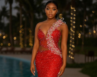 Luxury Red Lace Mermaid Gown: Sparkle Sequin Evening Dress, African Wedding Dress