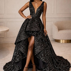 formal gown ruffled high low dress custom size BABARONI Black Prom Dress with Off the Shoulder Tiered Skirt and Slit
