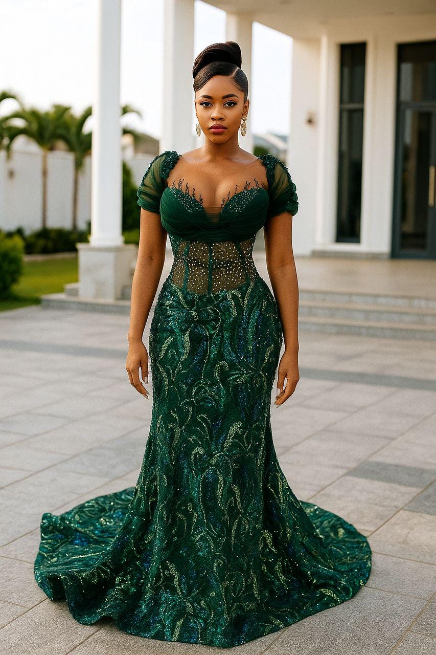 Emerald Green Corset Mermaid Gown: Luxury Lace Formal Dress Emerald Green Corset Mermaid Gown: Luxury Lace Formal Dress