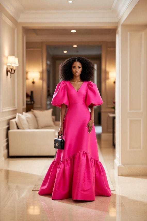 Hot Pink Mikado Silk Maxi Dress, Puff Sleeve Formal Gown, Custom Color