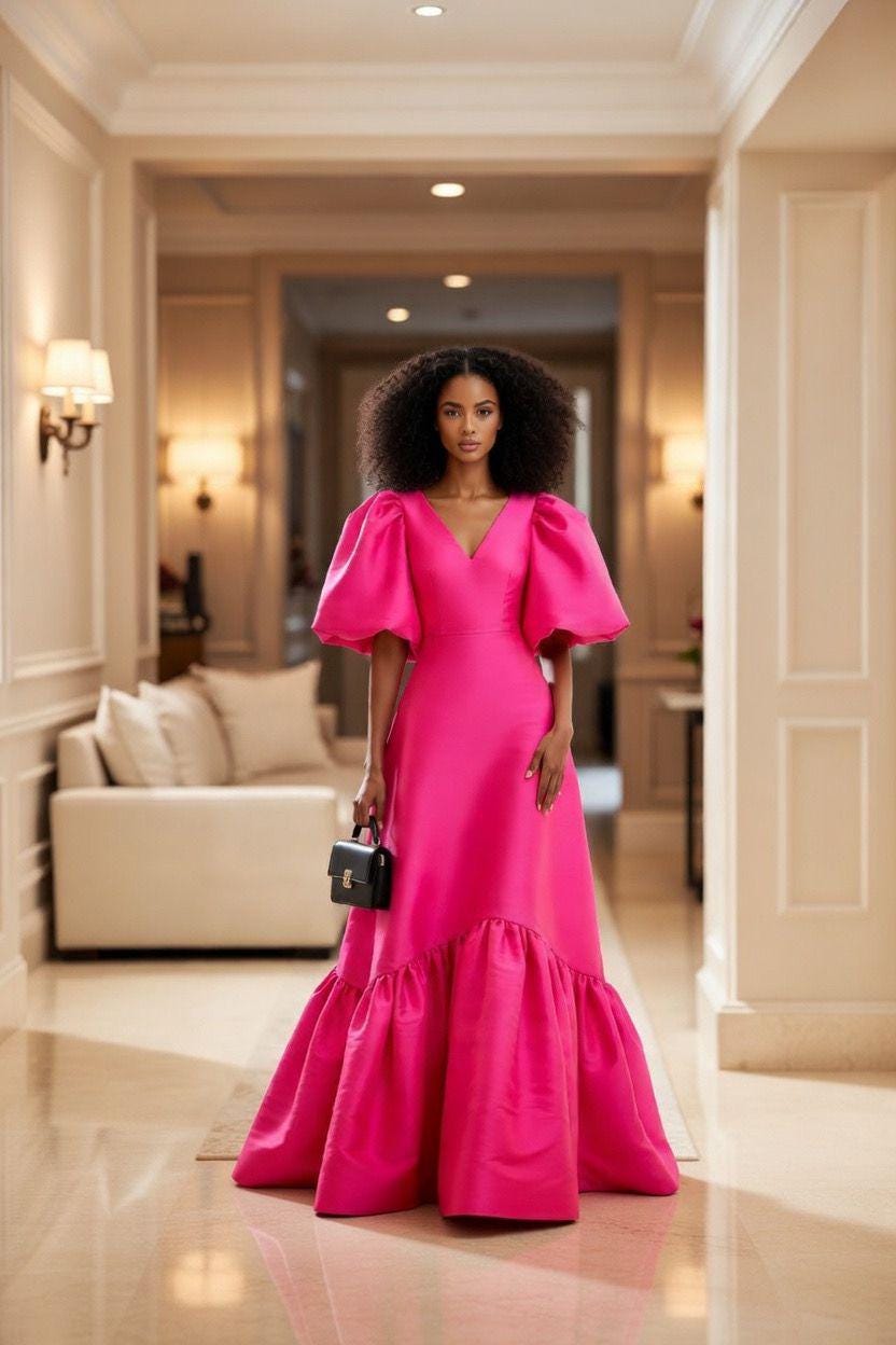 chinese dress ladies Gathered Stretch Crepe Halter Gown in Bright Rose