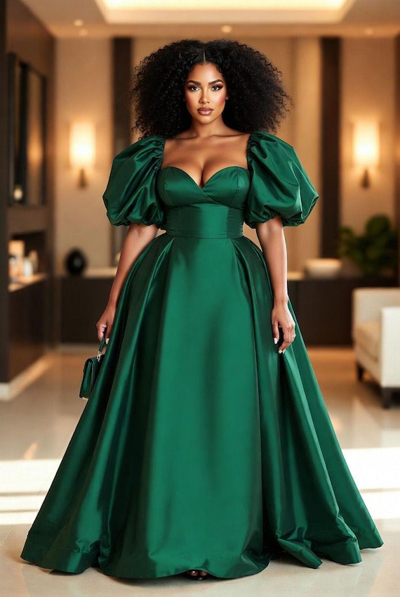 Emerald Green Mikado Silk Ball Gown, Statement Puff Sleeve Formal Dress