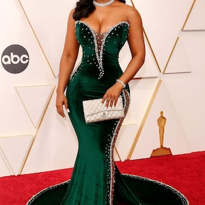 emerald green dress red carpet Luxury Emerald Green Evening Dress with Overskirt and Bow SF124 Sharon Said