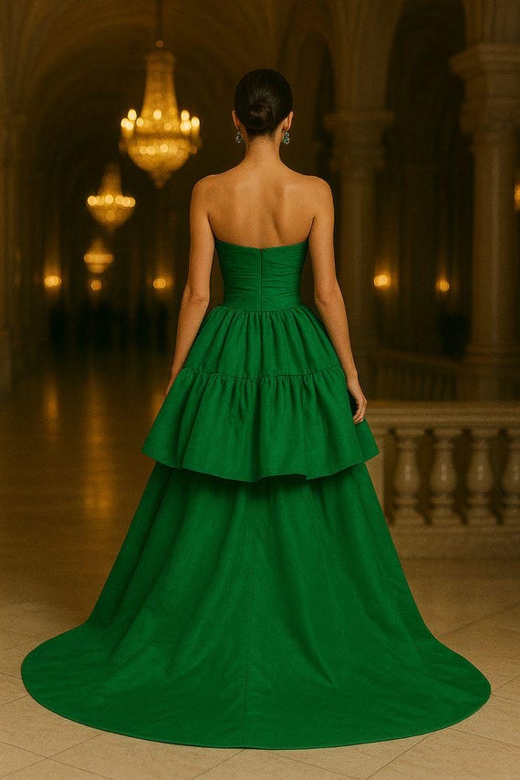 Emerald Green Strapless Prom Gown • High Low Crepe Dress